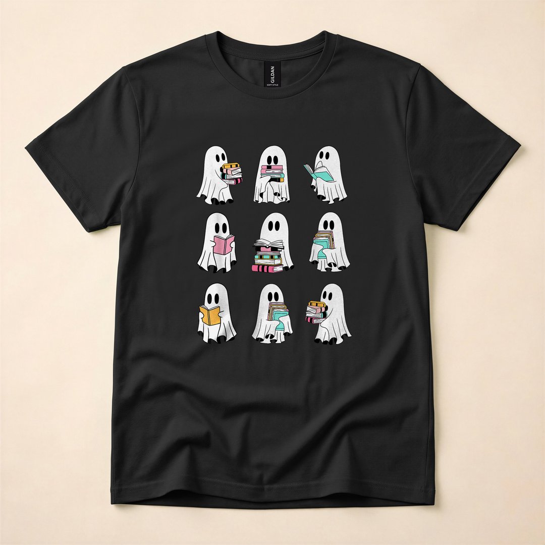 Retro Groovy Ghost Reading Books Spooky Reader T-Shirt