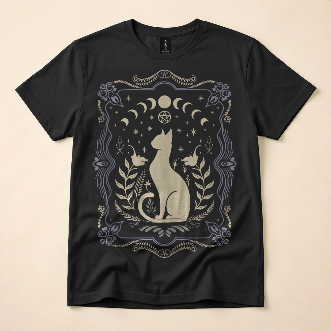 Dark Gothic Cat Moon Phase Witchy Lunar T-Shirt