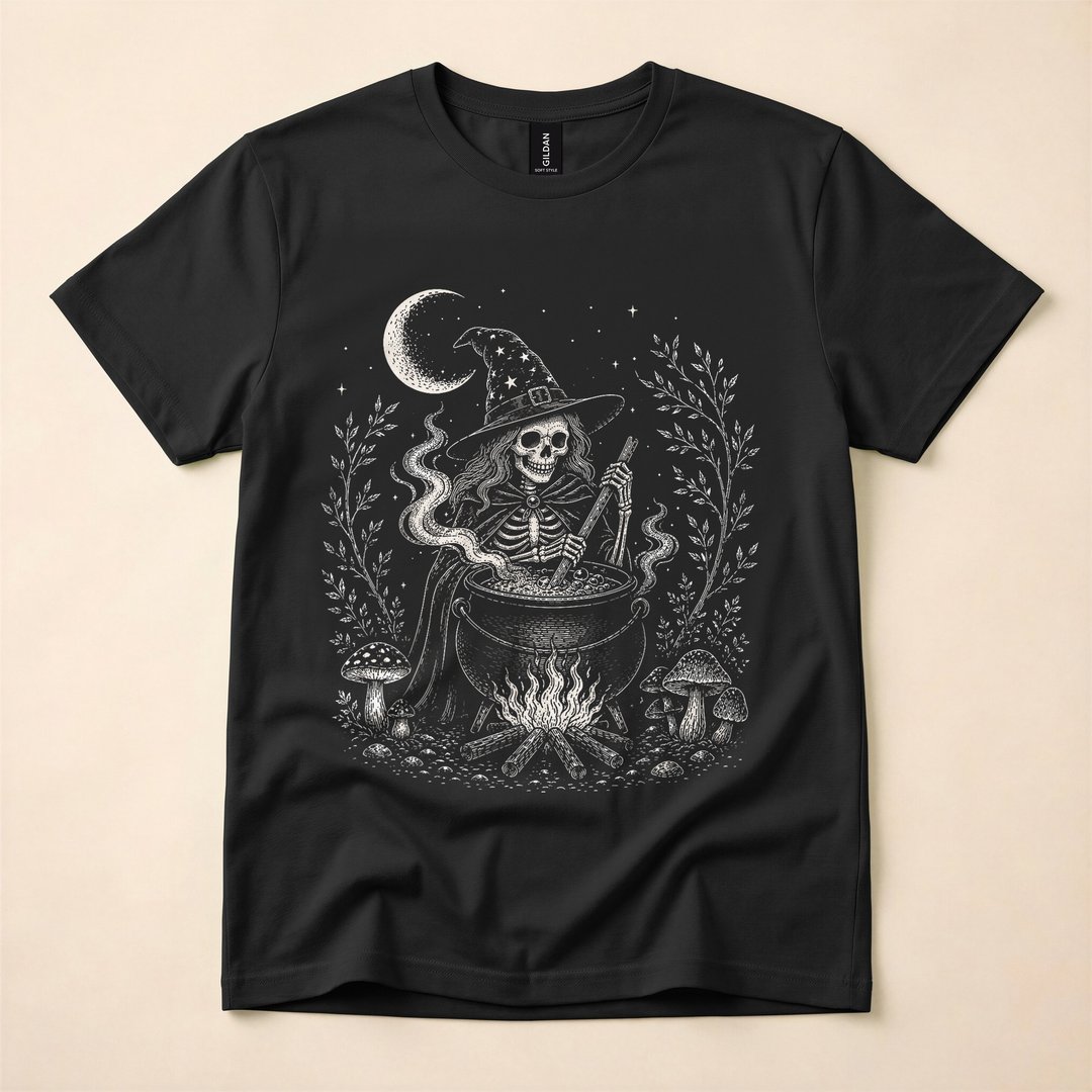 Vintage Skeleton Witch Cottagecore Halloween T-Shirt