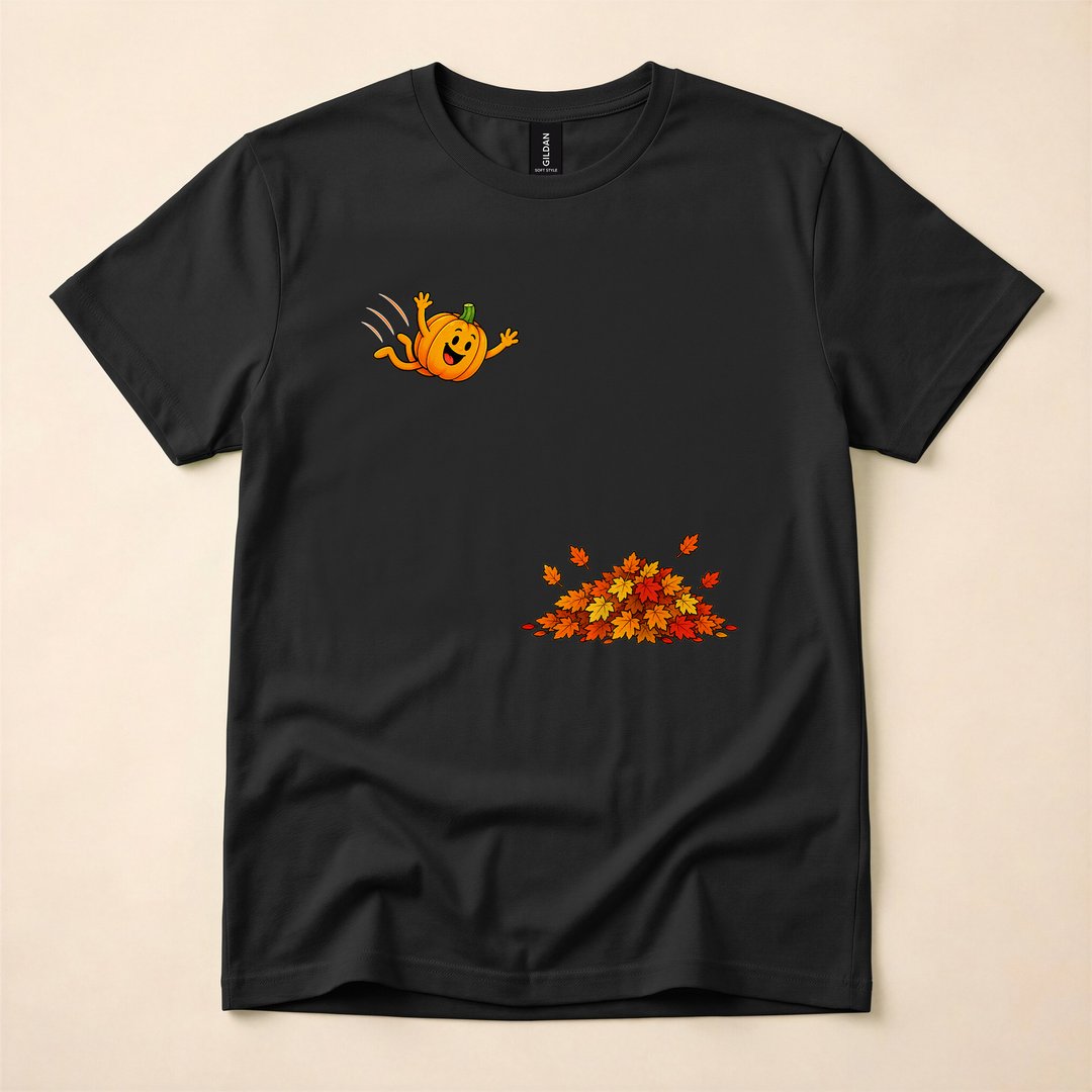 Cute Pumpkin Jumping Into Fall Leaves Autumn T-Shirt