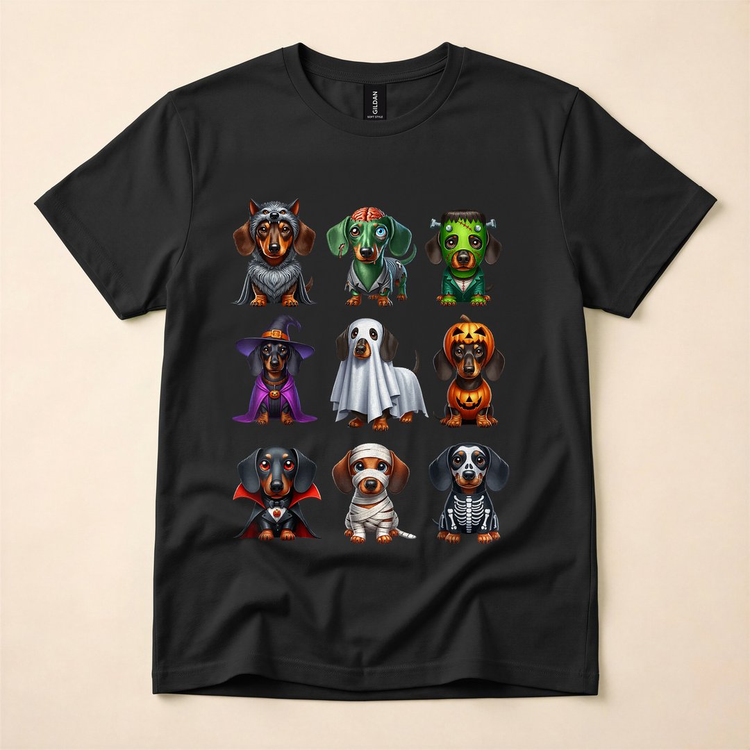 Dachshund Witch Zombie Mummy Skeleton Pumpkin Halloween T-Shirt