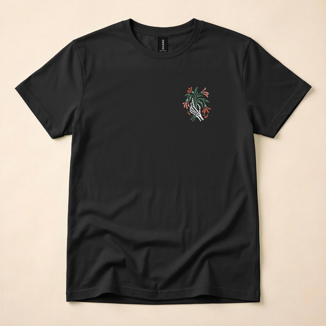 Skeleton Hand Holding Dead Flower Bouquet T-Shirt