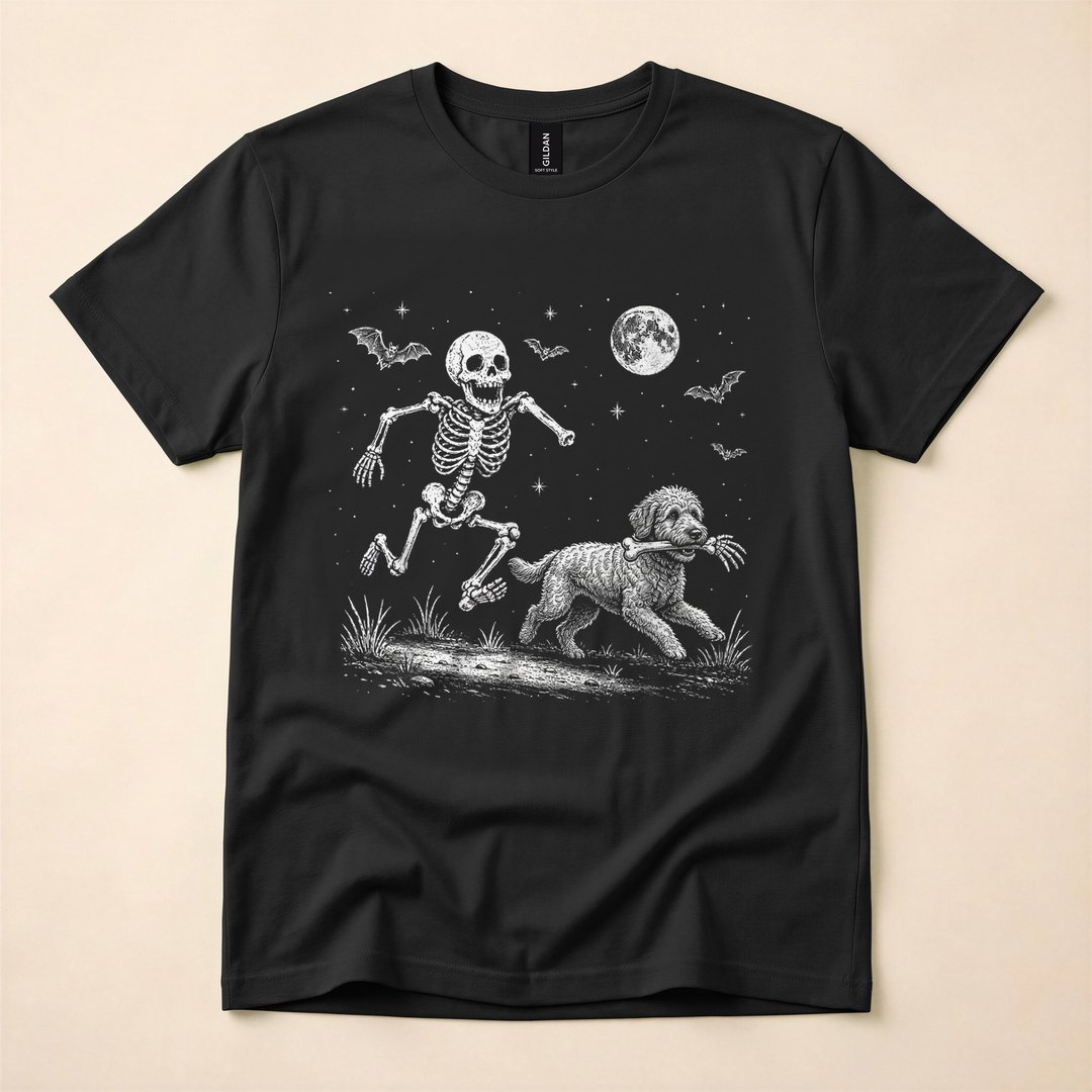 Funny Skeleton Chasing Goldendoodle Halloween Dog T-Shirt