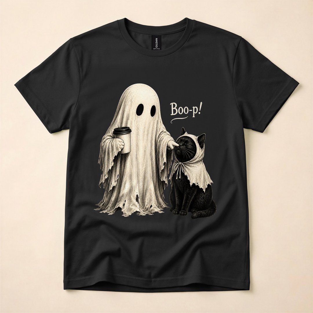 Adorable Vintage Ghost Boo-ping a Black Cat Halloween T-Shirt