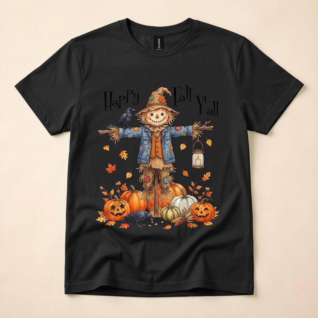 Happy Fall Y'all Scarecrow Pumpkin Halloween T-Shirt - photo 3