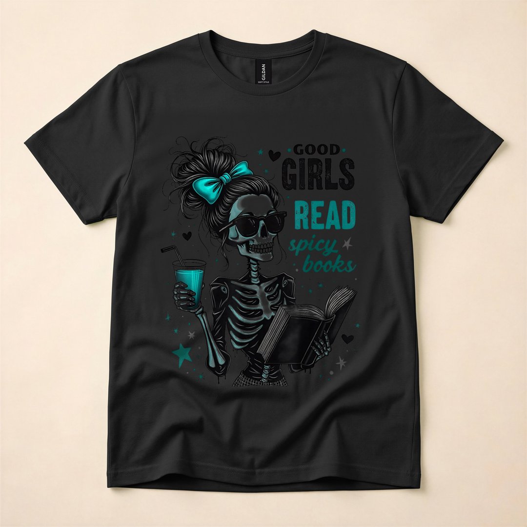 Good Girls Read Spicy Books Gothic Skeleton Halloween T-Shirt - photo 3