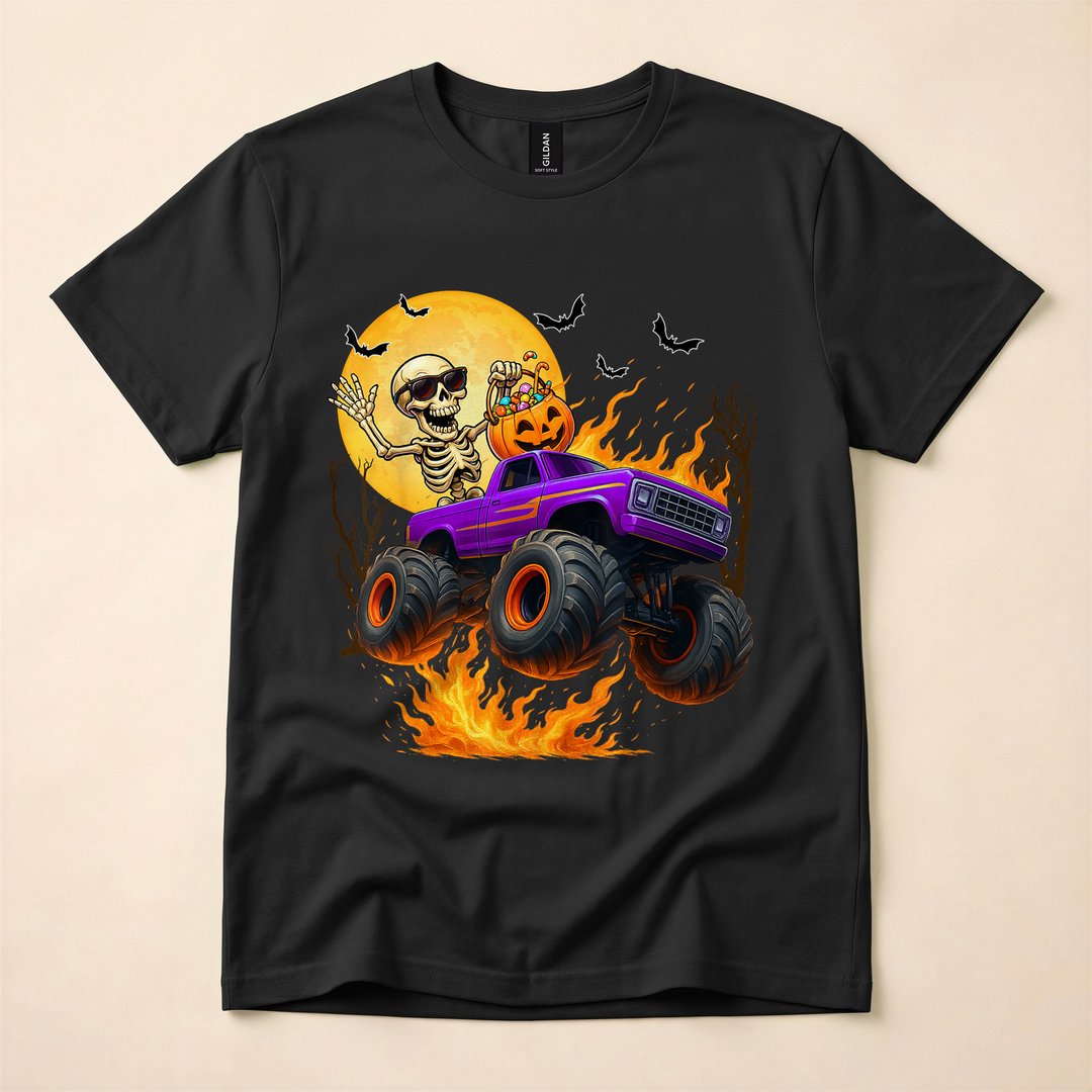 Skeleton Riding a Monster Truck Halloween T-Shirt