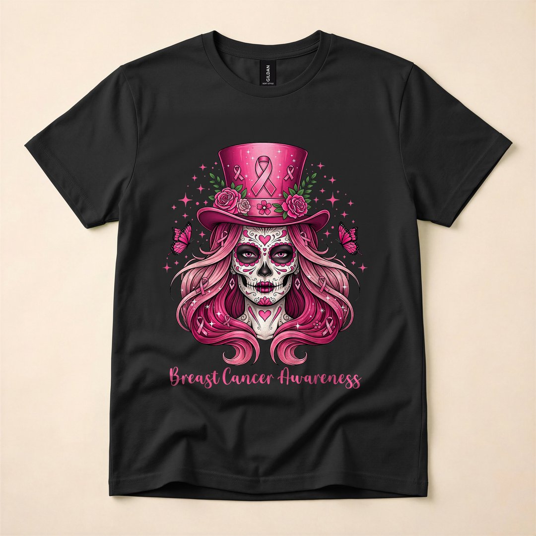 Skull Pink Ribbon Breast Cancer Awareness Skeleton T-Shirt