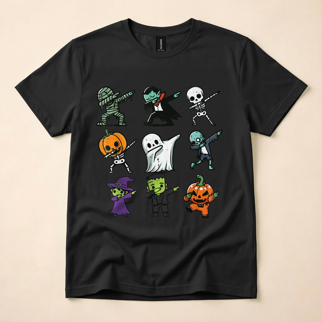 Dabbing Ghost Pumpkin Skeleton Kids Halloween T-Shirt