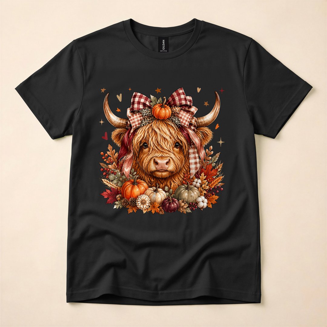 Highland Cow Pumpkin Coquette Bow Autumn Fall T-Shirt