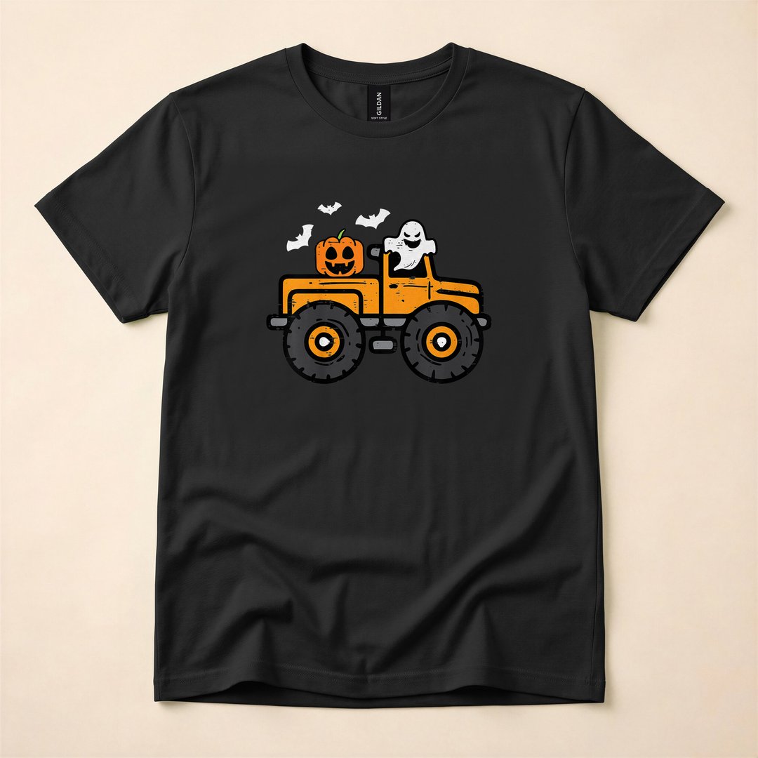 Monster Truck Ghost and Pumpkin Halloween Kids T-Shirt