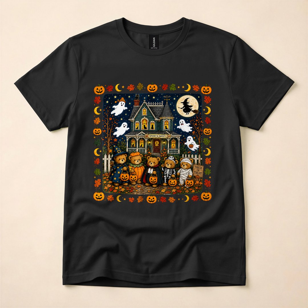 Cute Halloween Teddy Bears Haunted House Scene T-Shirt