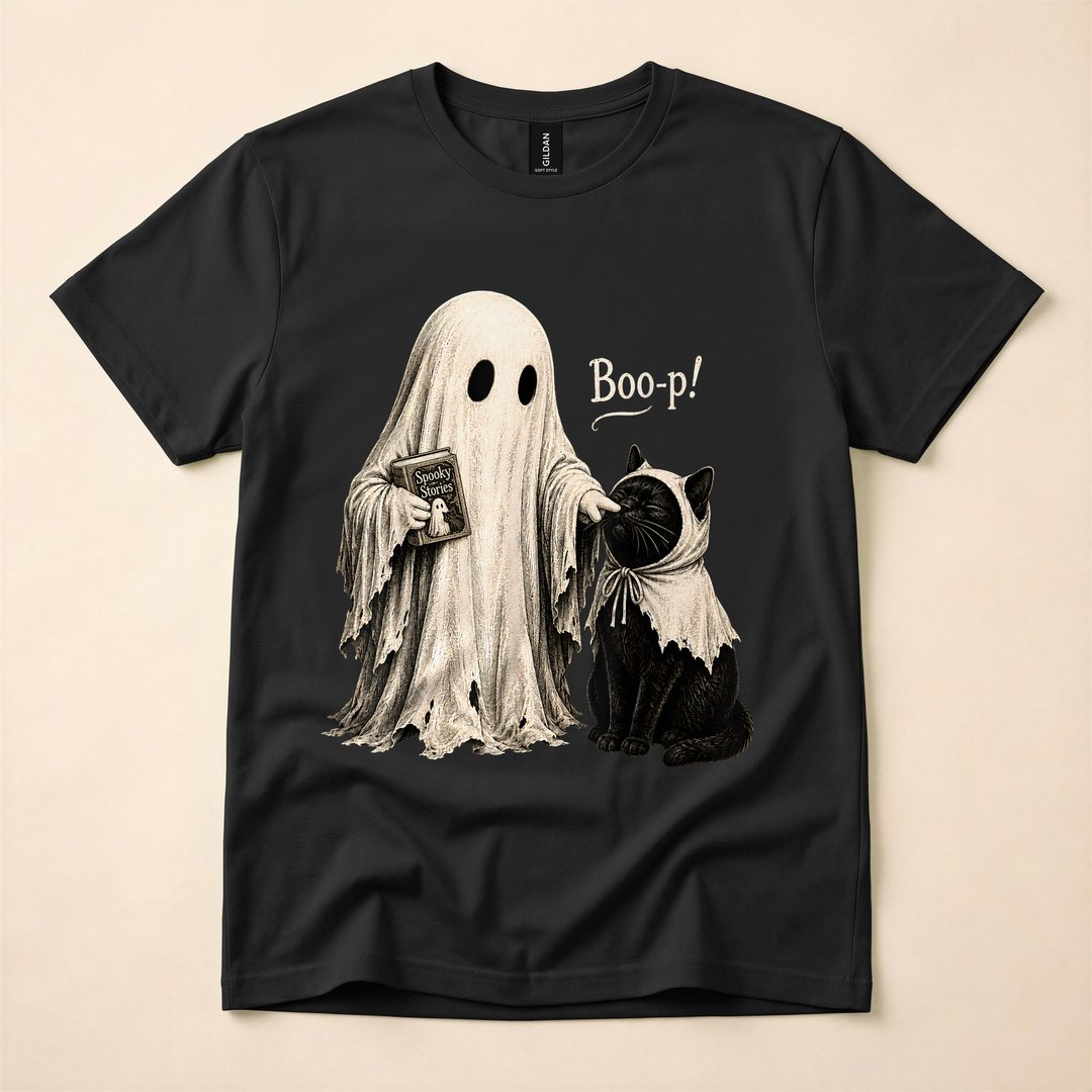 Vintage Halloween Ghost Black Cat and Spellbook T-Shirt - photo 1