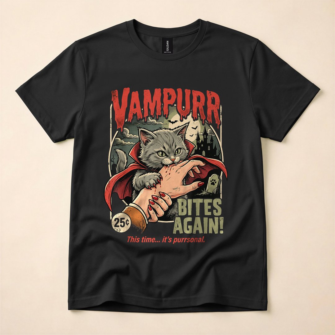 Vampurr Bites Again Vintage Vampire Cat Halloween T-Shirt