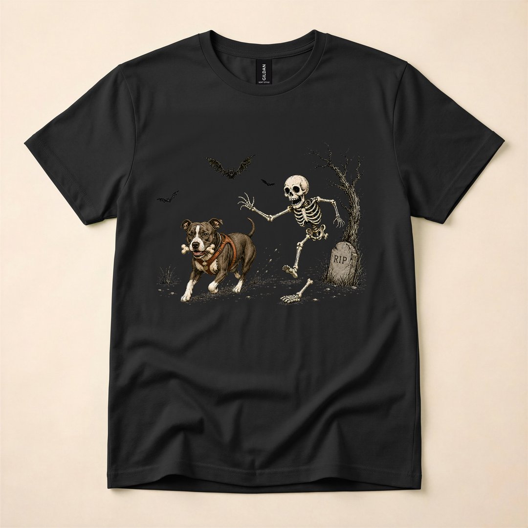 Halloween Dog Steals Skeleton Bone Spooky Pet T-Shirt