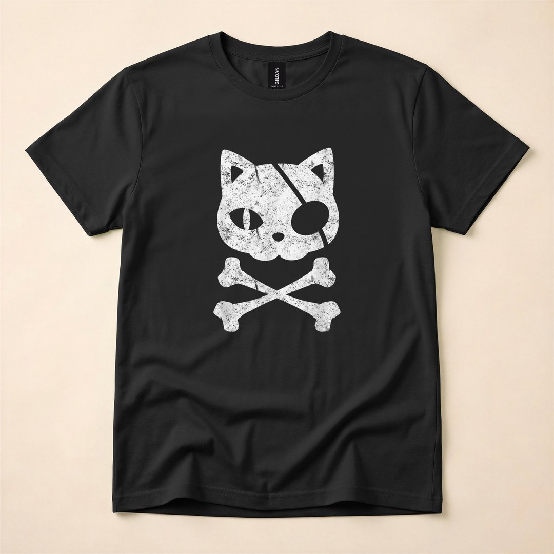 Vintage Pirate Cat Skull and Crossbones Halloween T-Shirt