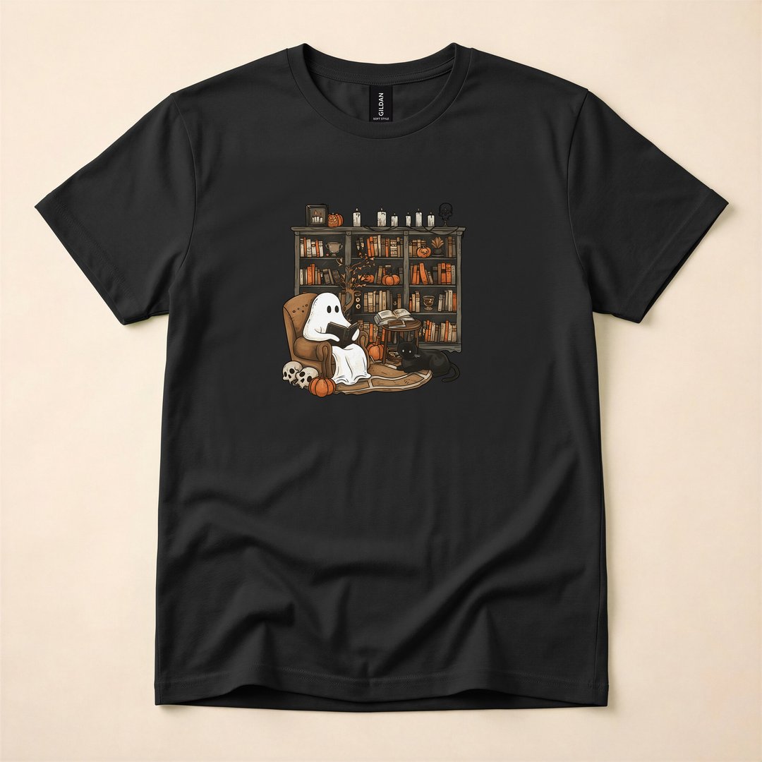 Vintage Ghost Reading Books Library Halloween T-Shirt - photo 3