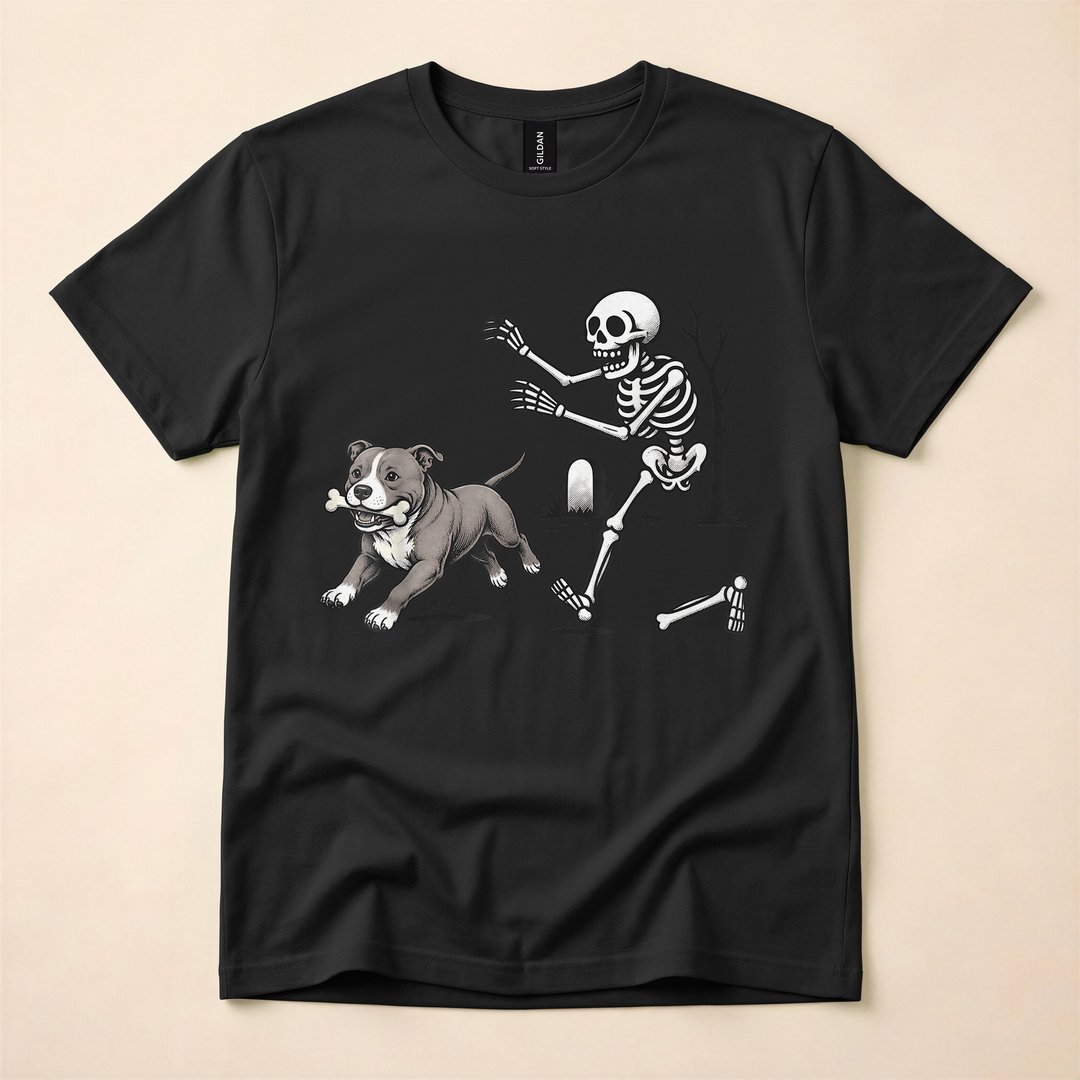 Skeleton Chasing a Pitbull Funny Halloween Dog T-Shirt - photo 3