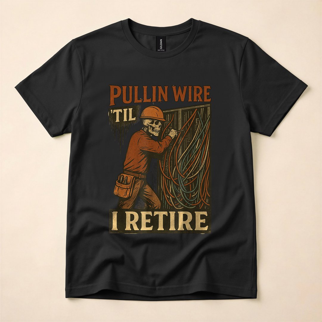 Pullin Wire Til I Retire Skeleton Electrician T-Shirt