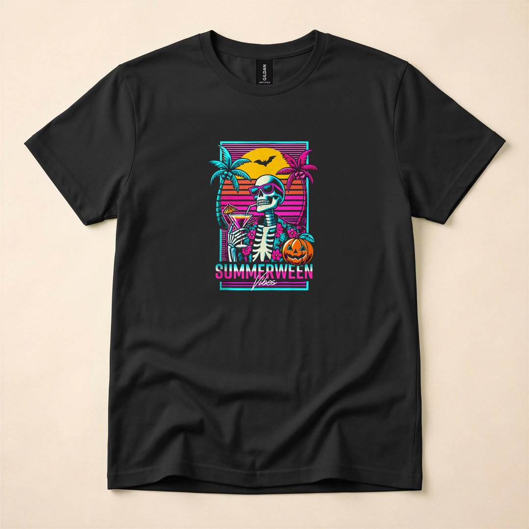 Summerween Beach Party Skeleton Vaporwave T-Shirt - photo 3
