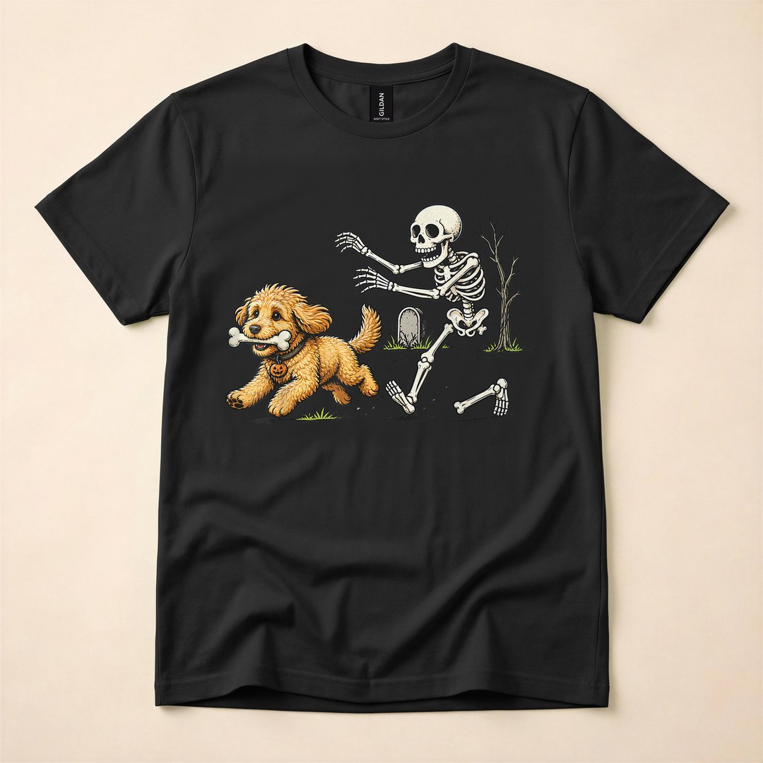 Goldendoodle Stealing a Skeleton's Bone Halloween T-Shirt