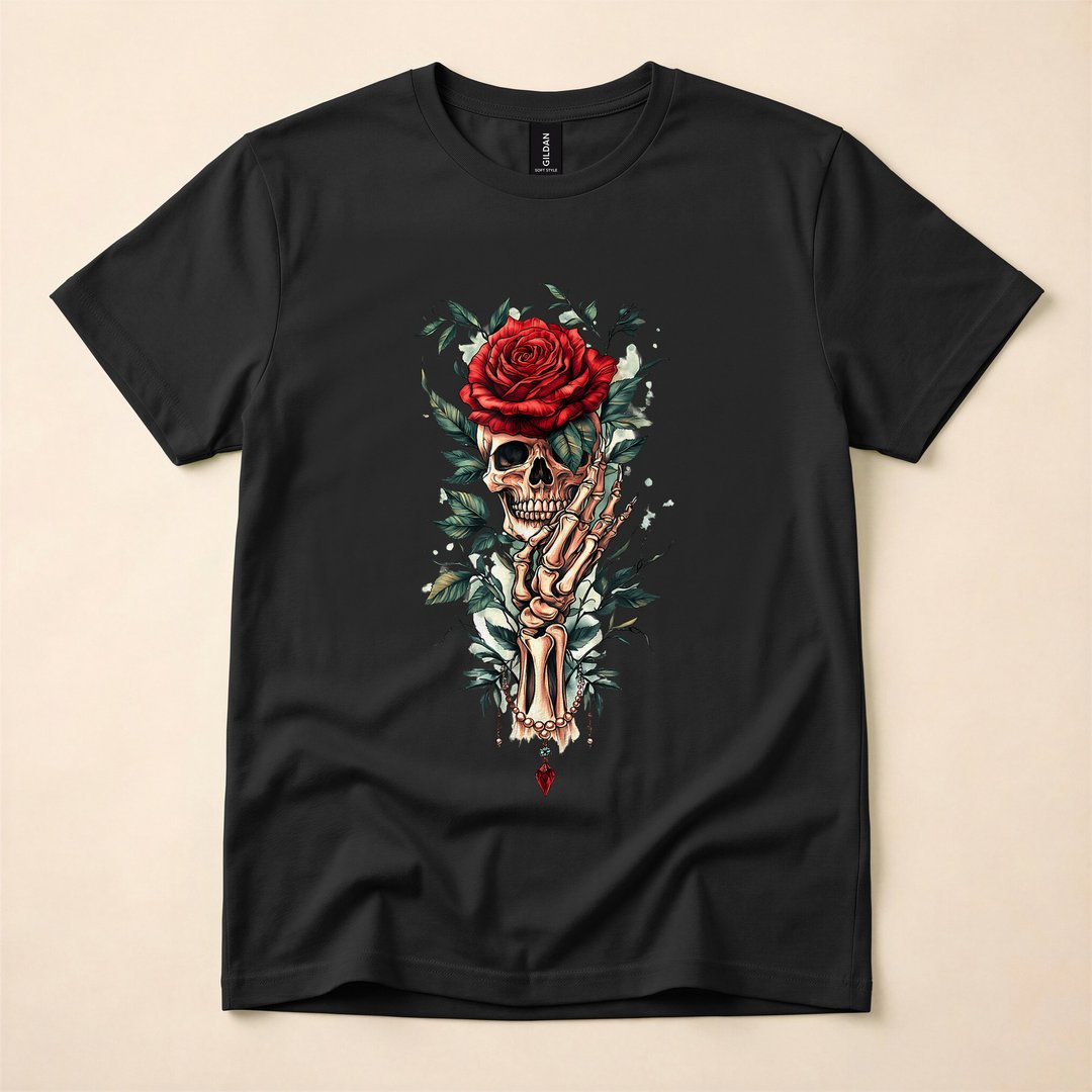 Skeleton Hand Holding Red Rose Gothic T-Shirt