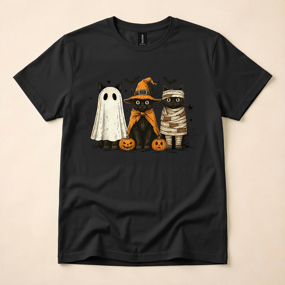 Retro Black Cat Witch and Pumpkin Halloween T-Shirt - photo 3