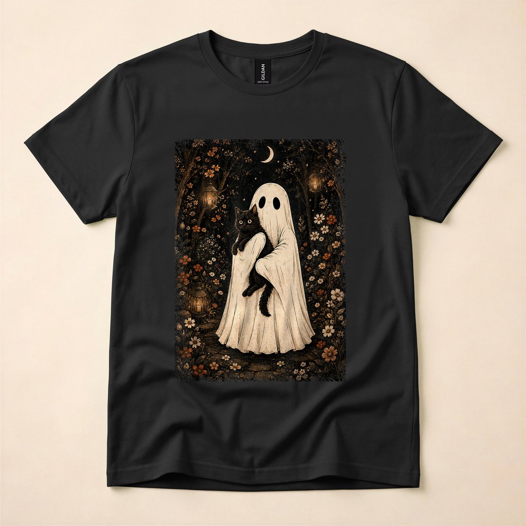 Cottagecore Ghost Holding a Black Cat Halloween T-Shirt