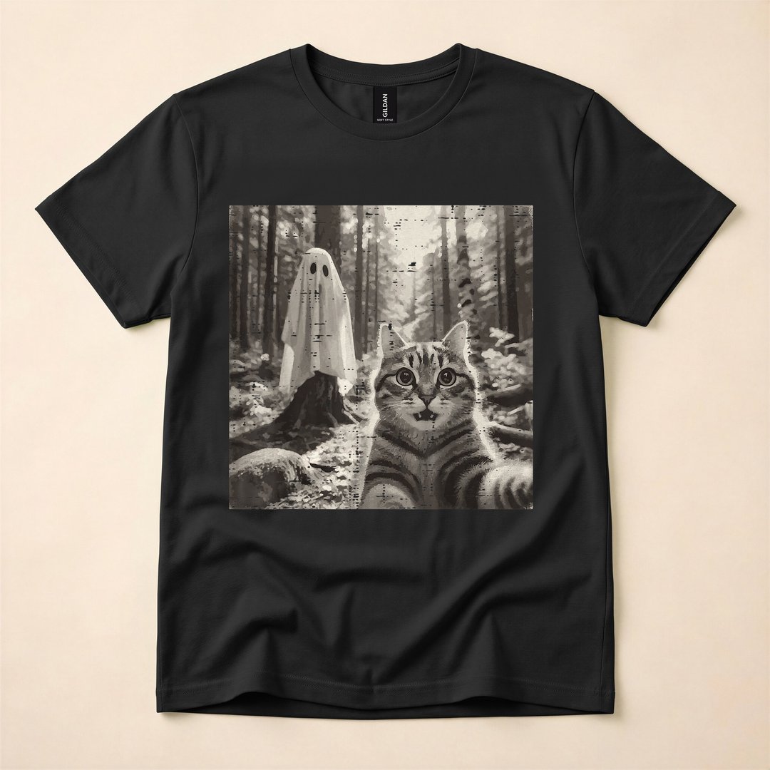 Halloween Tabby Cat in Ghost Sheet Costume Selfie T-Shirt