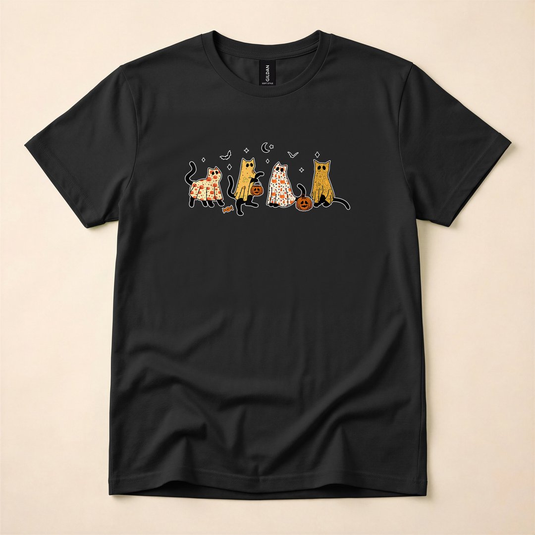Cute Black Cats in Ghost Costumes Halloween T-Shirt