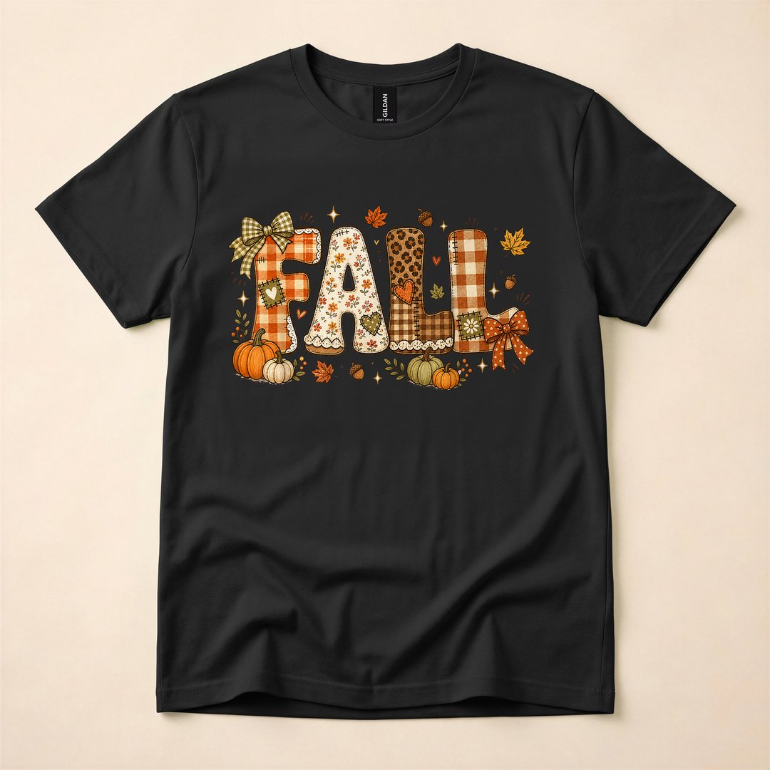 Leopard Patchwork Pumpkin Bow Fall Autumn T-Shirt
