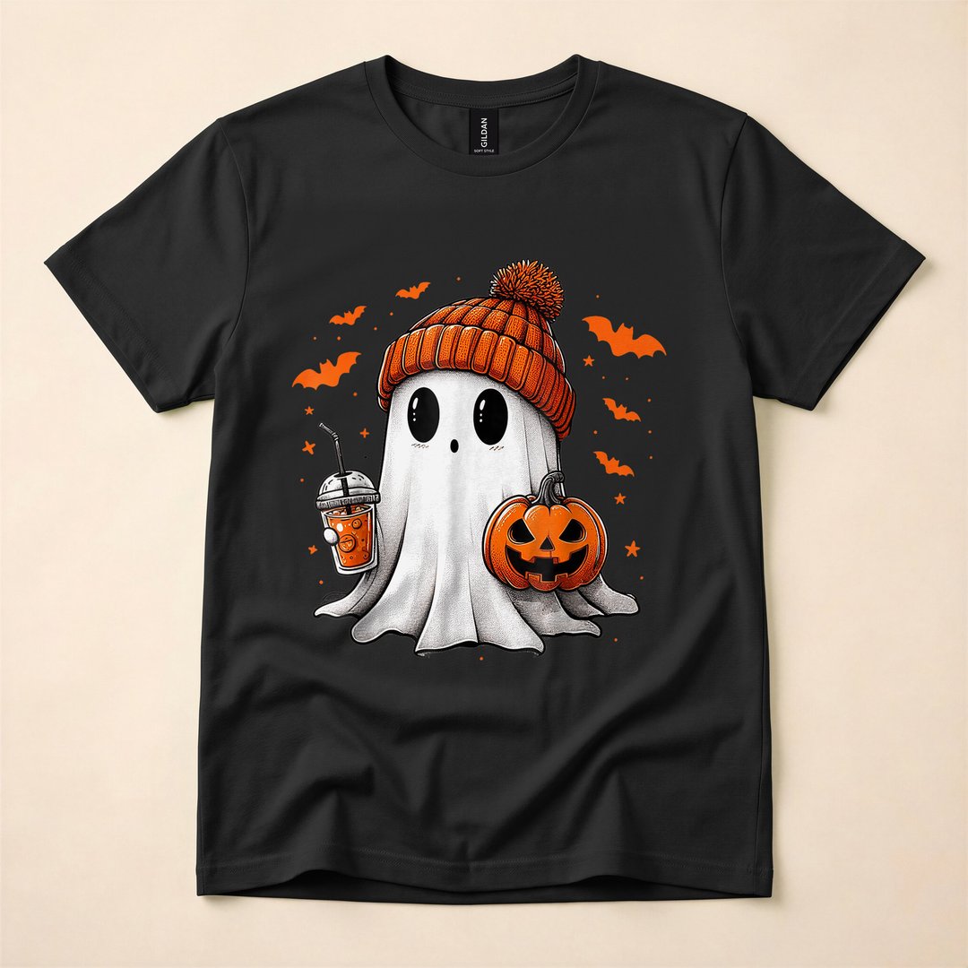 Cute Ghost Drinking Iced Coffee Halloween T-Shirt