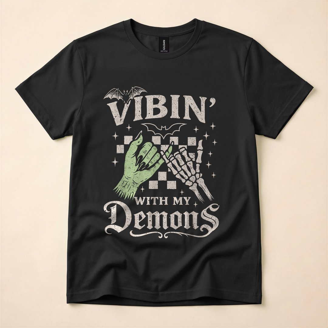 Vibin With My Demons Funny Retro Skeleton Halloween T-Shirt