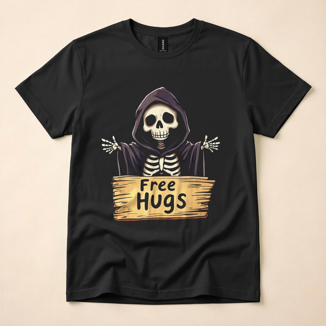 Free Hugs Cartoon Skeleton Funny Halloween T-Shirt