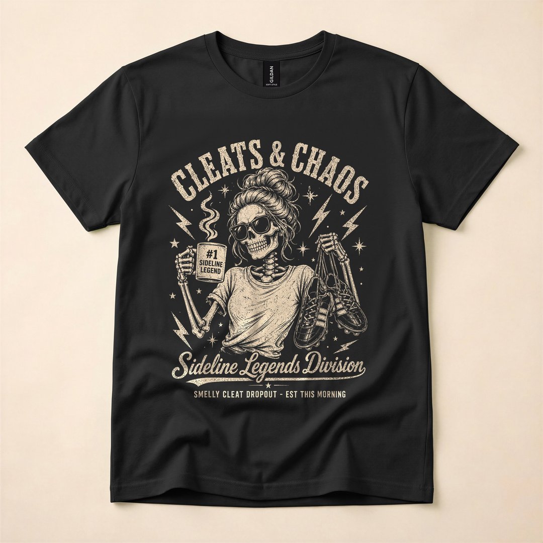 Cleats and Chaos Skeleton Soccer Mom Halloween T-Shirt