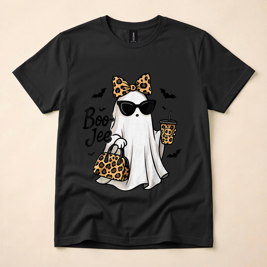 Boo-Jee Ghost with Coffee Coquette Bow Halloween T-Shirt - photo 3