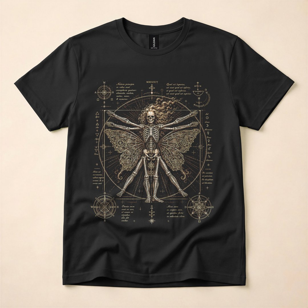 Gothic Skeleton Moth and Fairy Occult Art T-Shirt