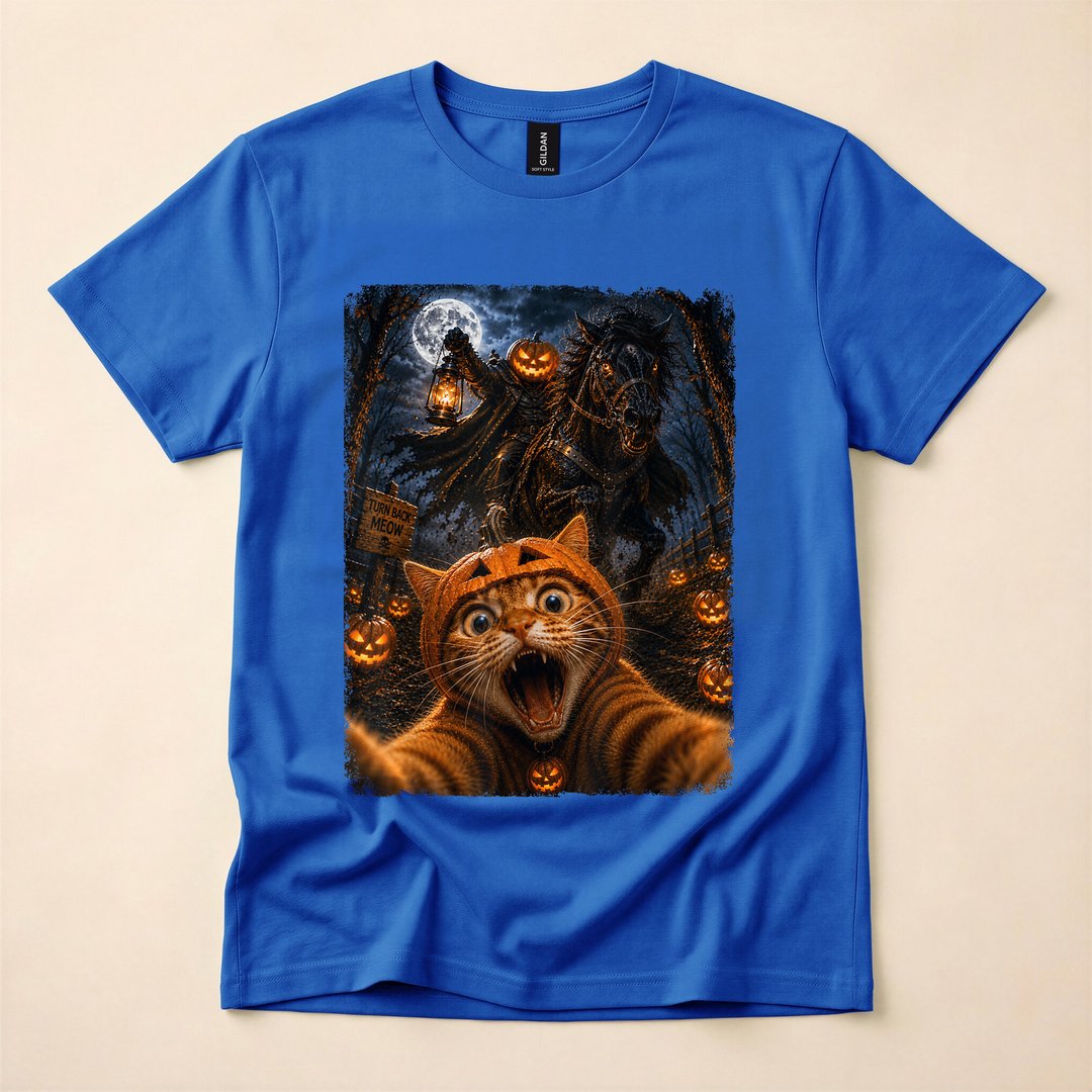 Headless Horseman Cat Selfie Pumpkins Moonlit Halloween T-Shirt - photo 3