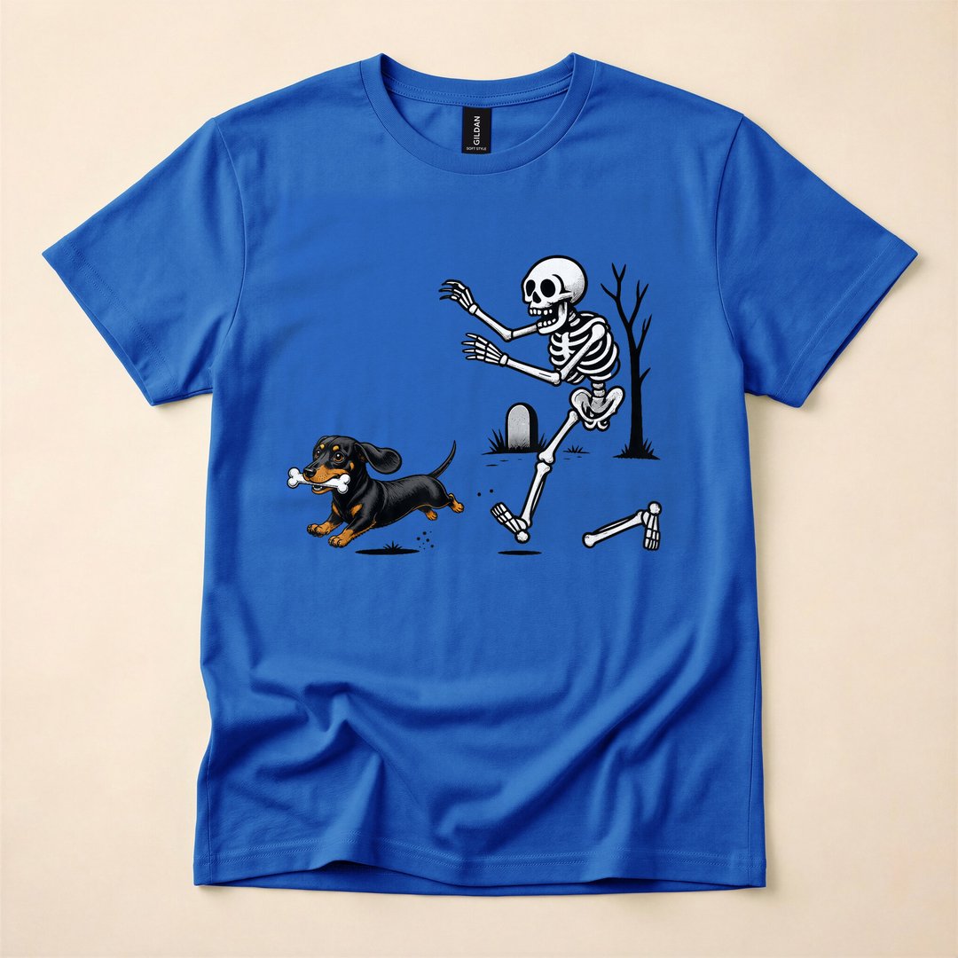Funny Dachshund Skeleton Chasing a Bone Halloween T-Shirt - photo 4