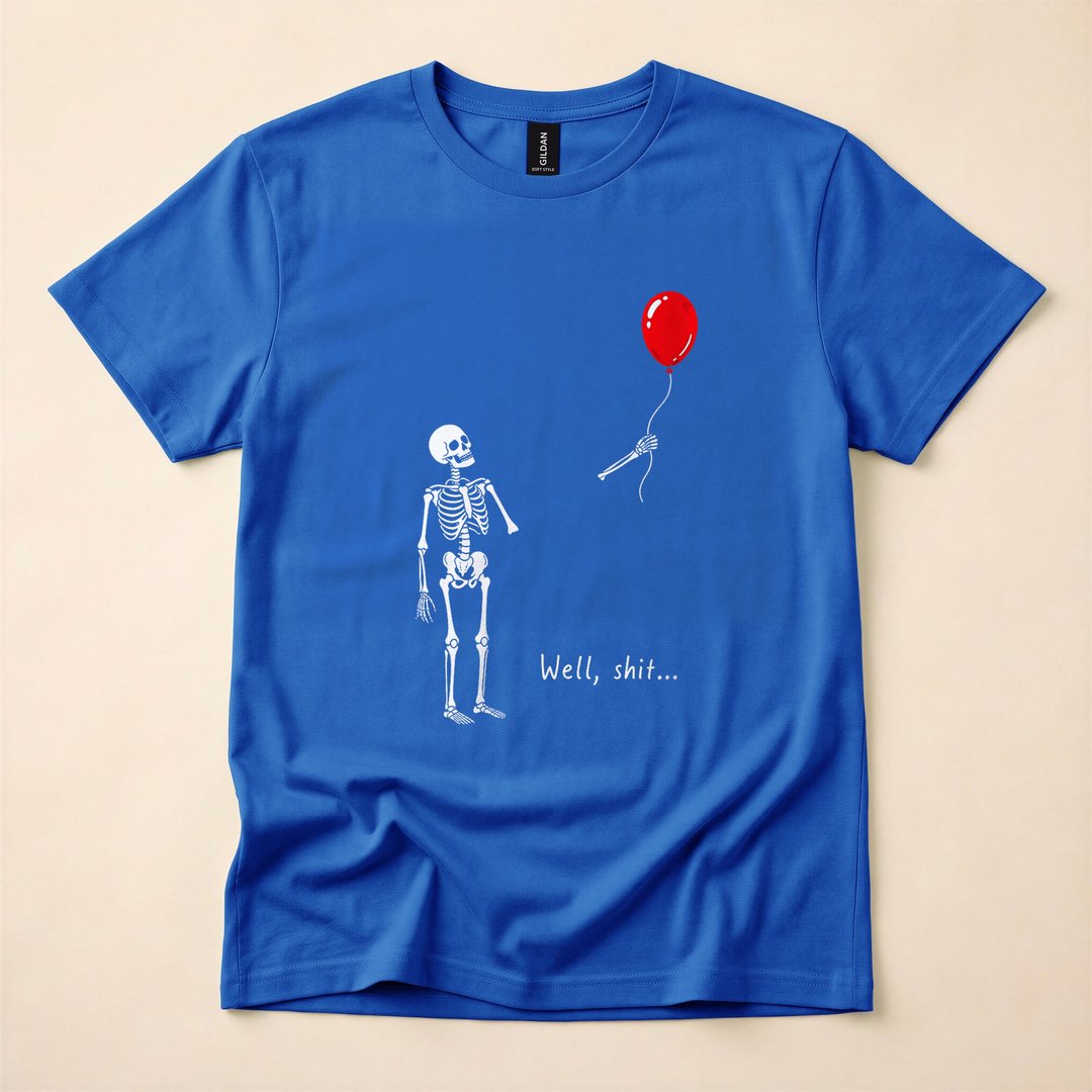 Skeleton Chasing a Lost Balloon Funny Spooky Halloween T-Shirt - photo 3