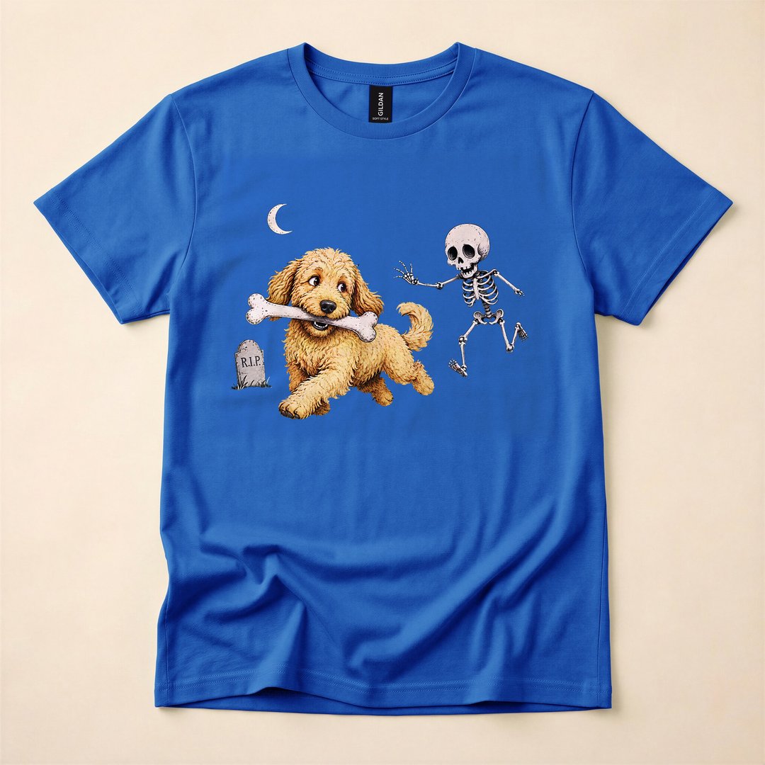 Goldendoodle Stealing a Skeleton Bone Funny Halloween T-Shirt - photo 3