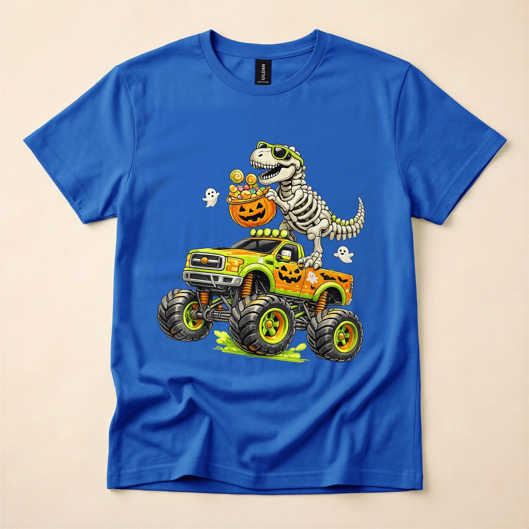 Monster Truck Dinosaur Skeleton T-Rex Boys Halloween T-Shirt - photo 3
