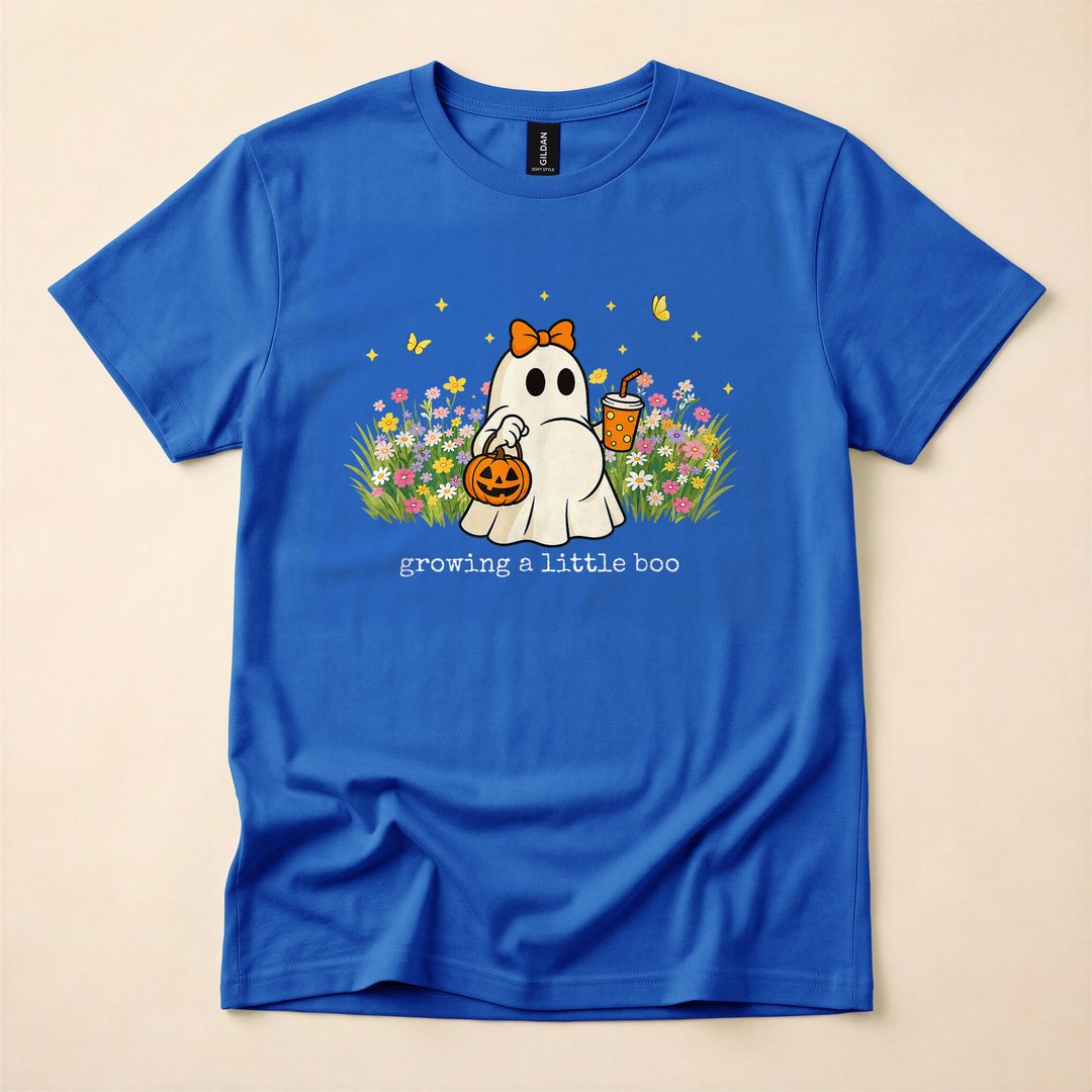 Growing A Little Boo Floral Ghost Pregnancy Halloween T-Shirt - photo 3