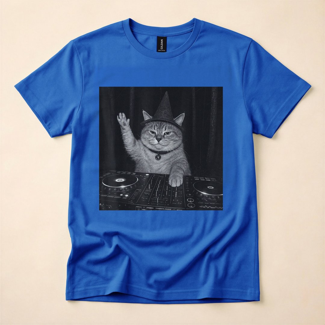 Spooky Wizard DJ Cat Funny Halloween Meme T-Shirt - photo 3