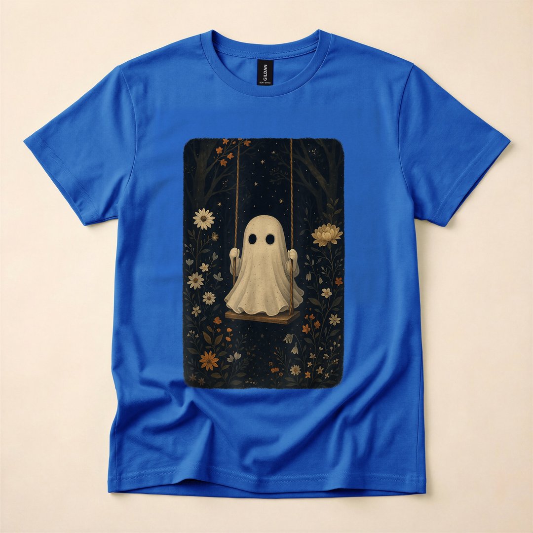 Cottagecore Ghost on a Floral Swing Halloween T-Shirt - photo 3