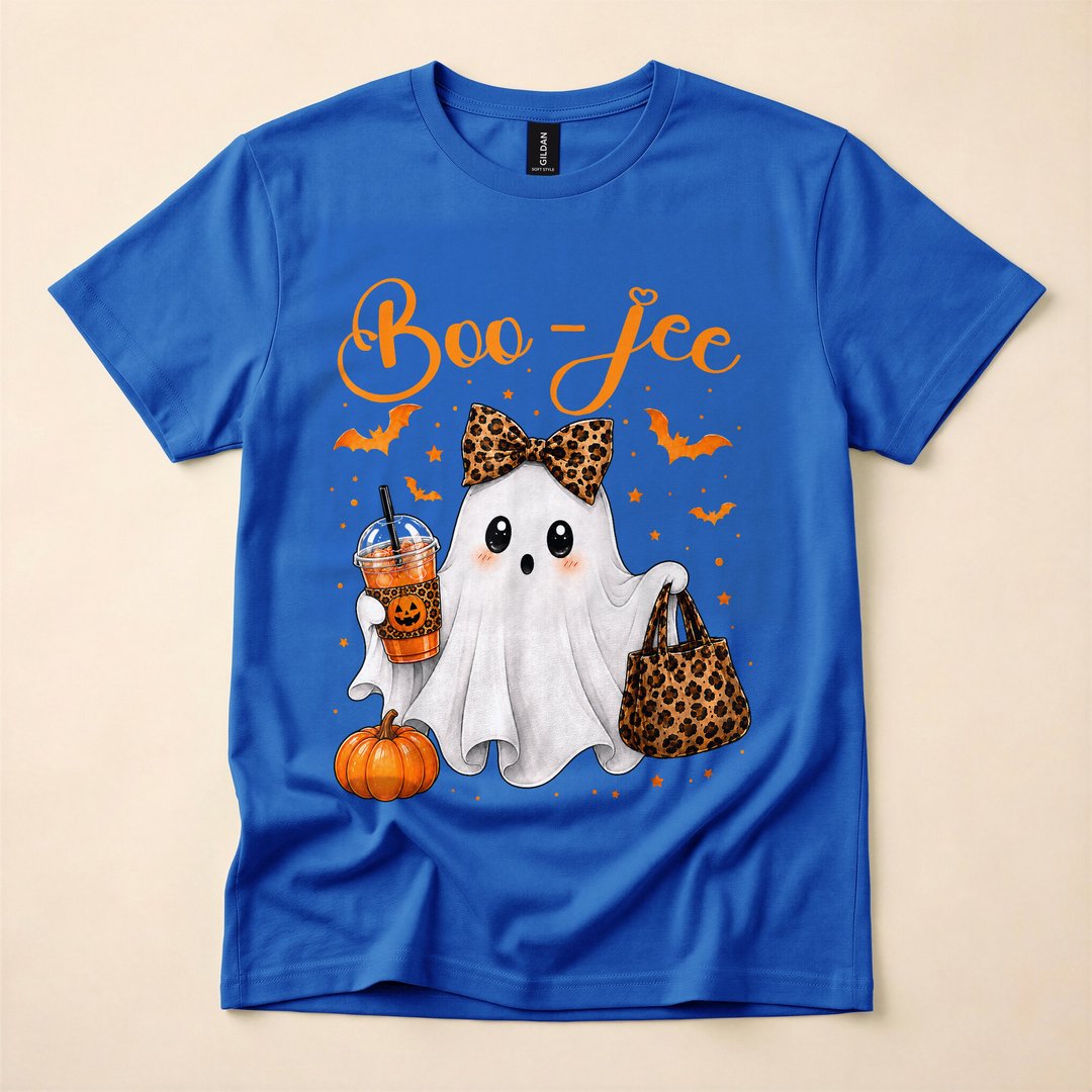 Boo-Jee Ghost and Pumpkin Leopard Coffee Halloween T-Shirt - photo 3