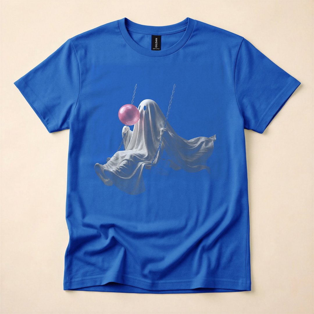 Cute Ghost on a Swing Blowing Bubble Gum Halloween T-Shirt - photo 3