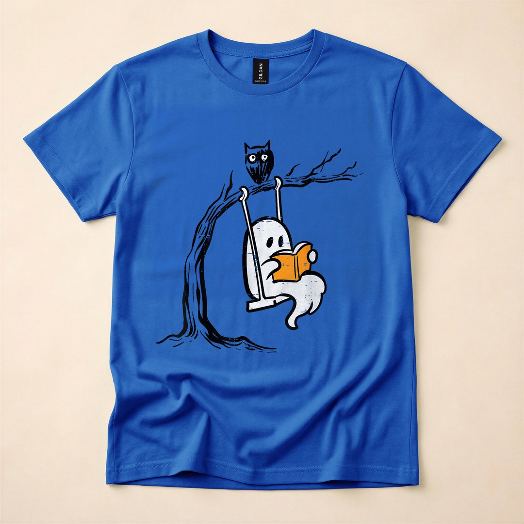 Cute Ghost Reading on a Swing Vintage Halloween T-Shirt - photo 4