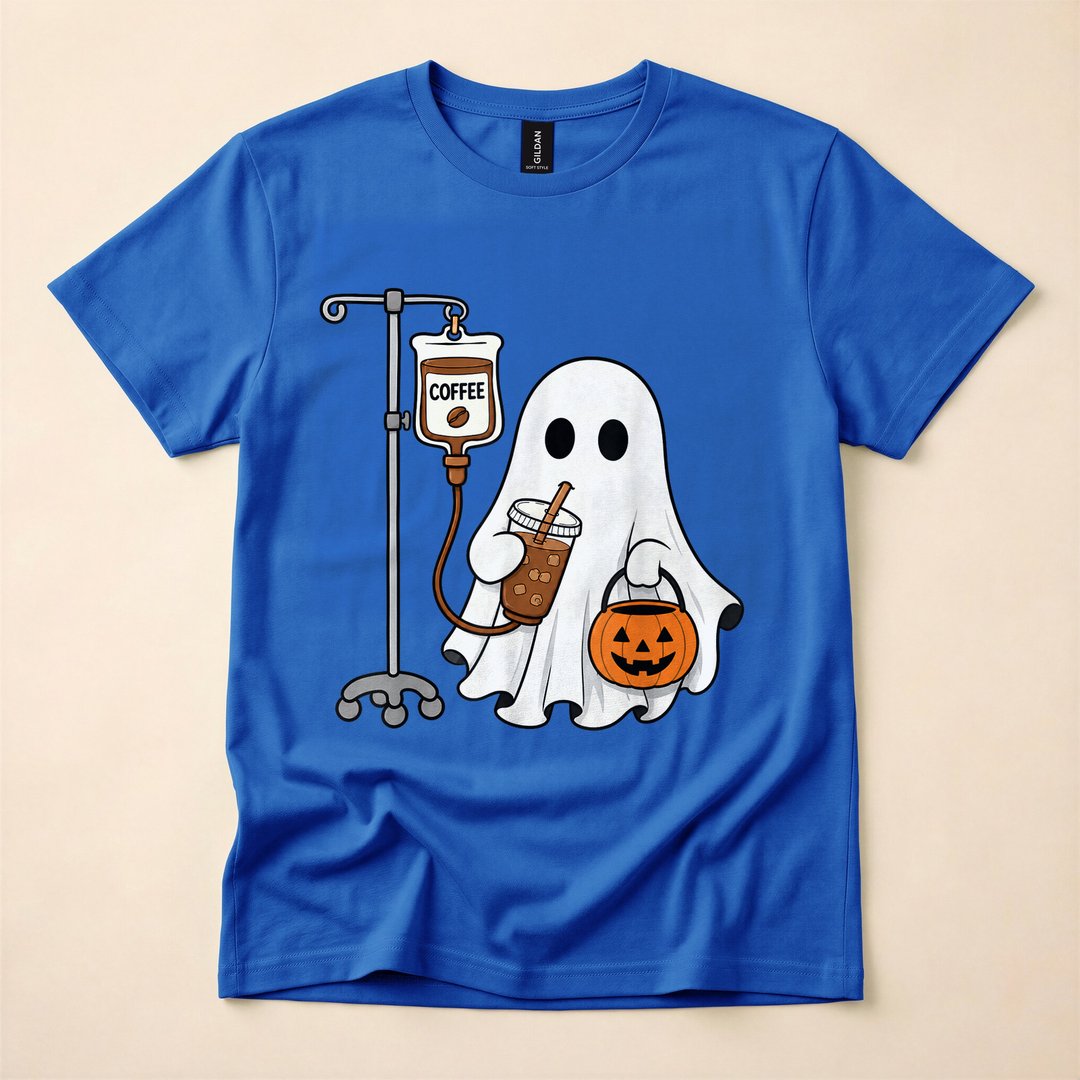 Ghost Drinking Iced Coffee Cute Halloween T-Shirt - photo 3