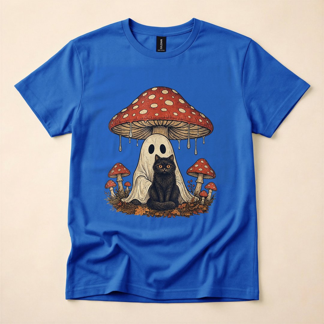 Mushroom Ghost and Black Cat Cottagecore Halloween T-Shirt - photo 3